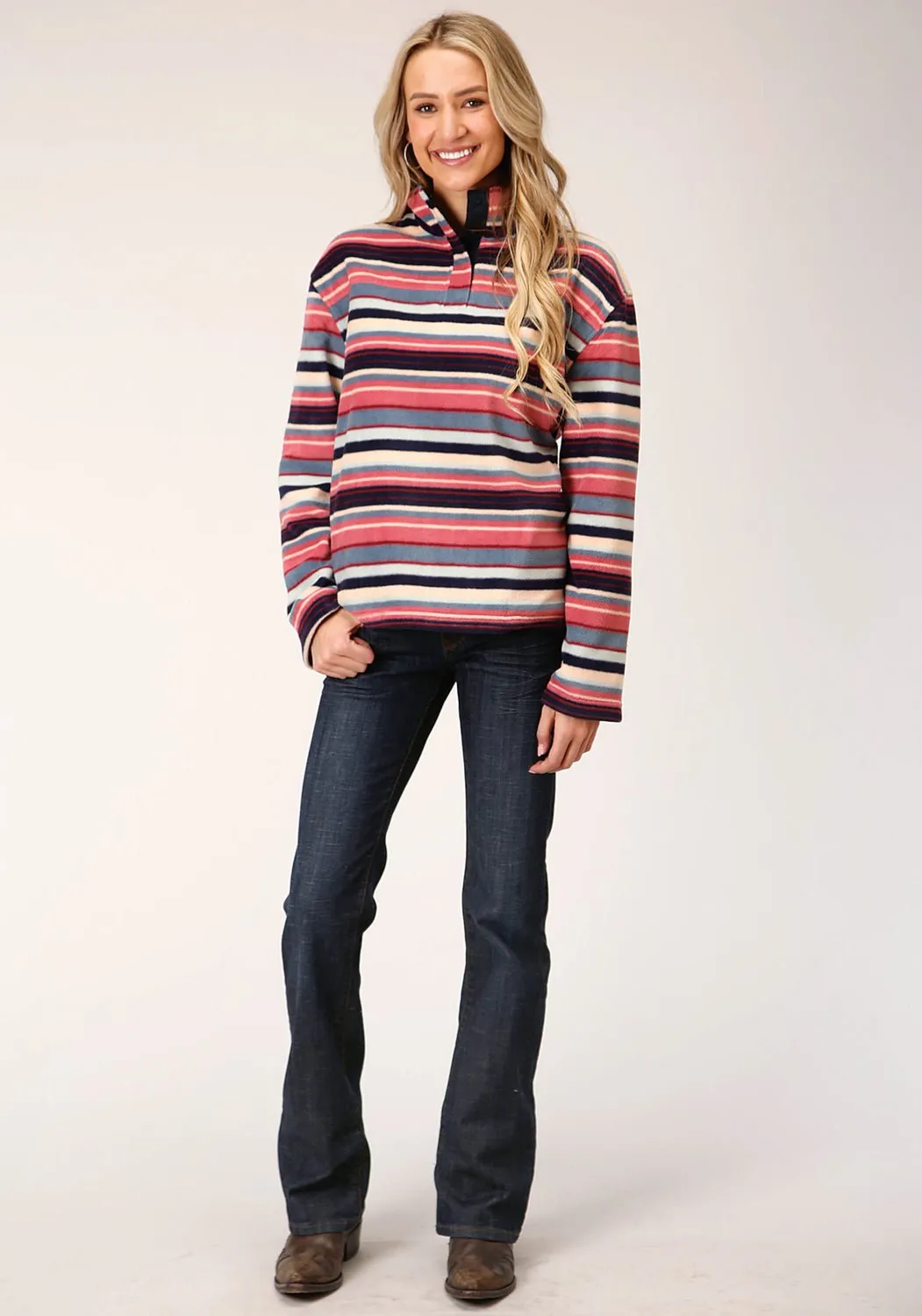Roper Womens Navy Multi Polyester Horizontal Stripe Fleece Jacket Artist Vibe Travel Outfit Base Wear