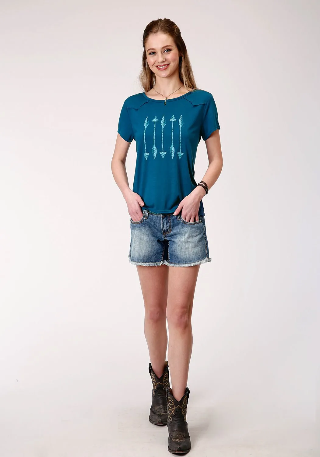 Smooth Zipper Design Artistic Design Roper Womens Navy Poly/Rayon Arrows Swing S/S T-Shirt