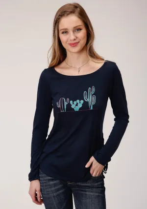 Roper Womens Navy Poly/Rayon Cactus L/S T-Shirt Unisex Fit Anti Snag Thread Technology Roper Womens Navy Poly/Rayon Cactus L/S T-Shirt