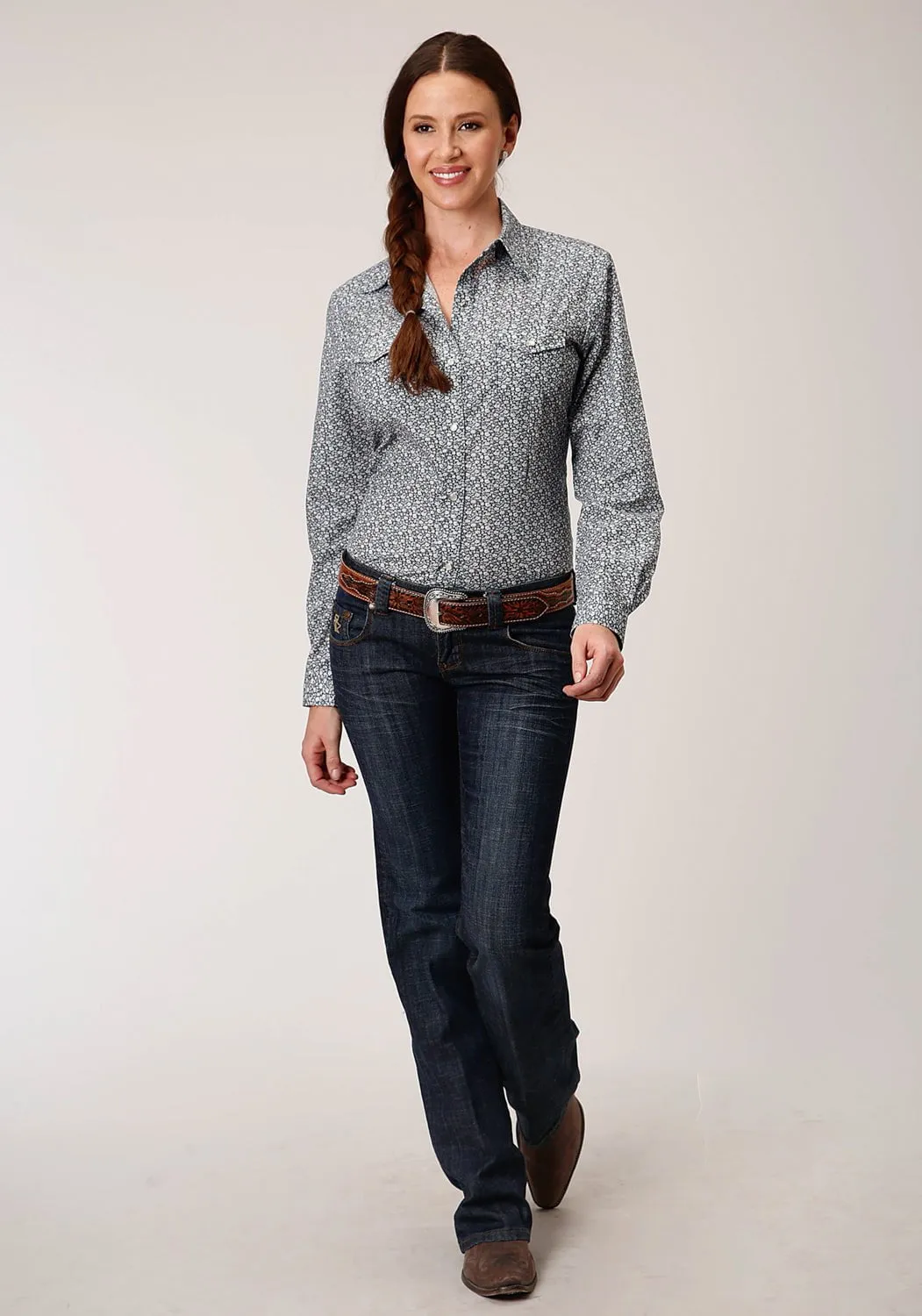 Street Mood Low Maintenance Fabric Roper Womens Navy/Cream Cotton Blend Floral Print L/S Shirt