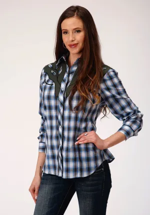 Roper Womens Navy/White Cotton Blend Plaid Western L/S Shirt Feel Great Stretch Comfort Morning Stroll Streetwear Fan Roper Womens Navy/White Cotton Blend Plaid Western L/S Shirt