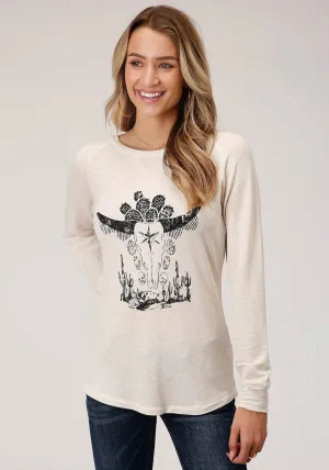 Roper Womens Oatmeal Poly/Rayon Longhorn L/S T-Shirt Crisp Profile Roper Womens Oatmeal Poly/Rayon Longhorn L/S T-Shirt Seamless Pocket Design