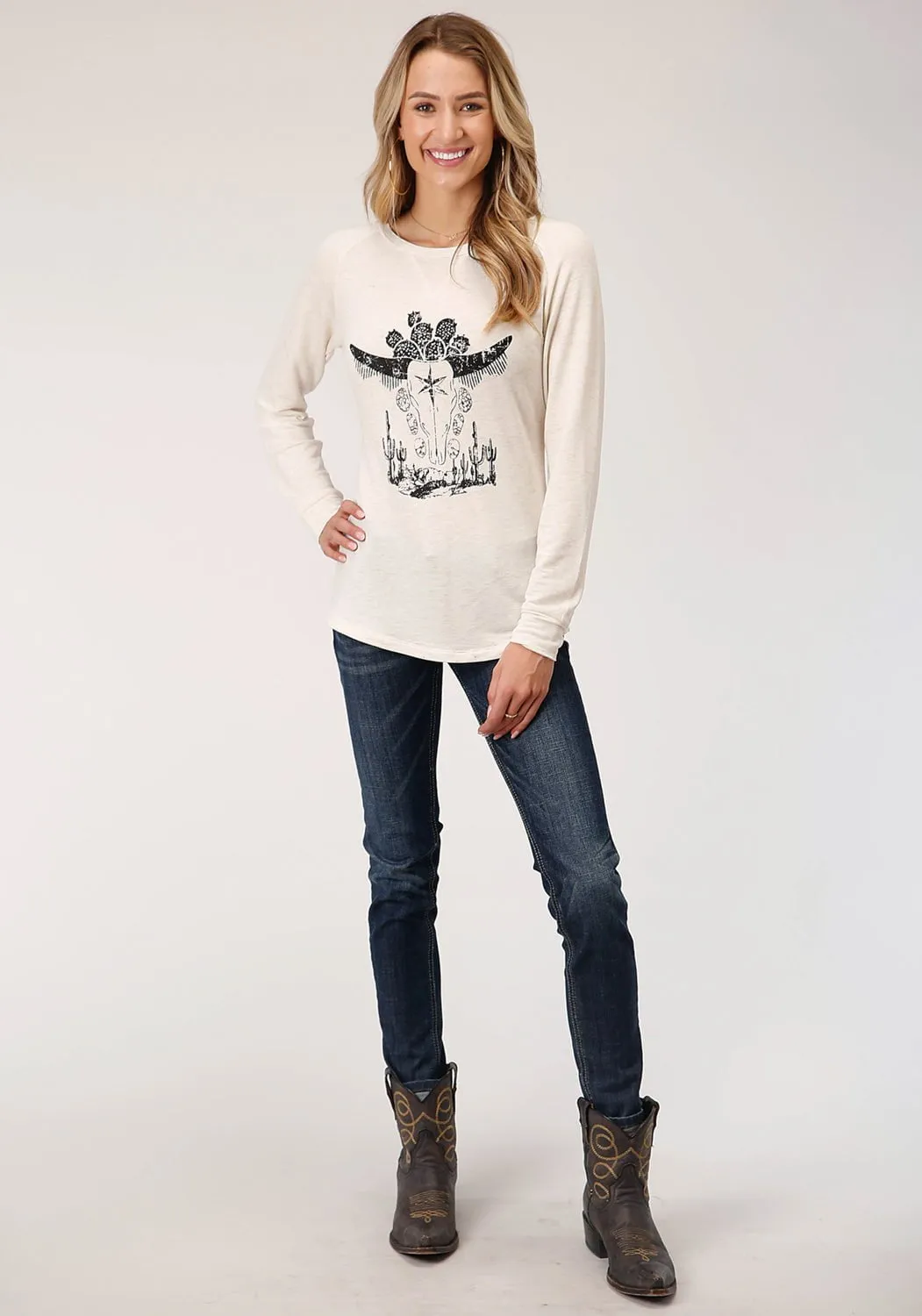 Evening Stroll Weekend Getaway Soft Aesthetic Roper Womens Oatmeal Poly/Rayon Longhorn L/S T-Shirt