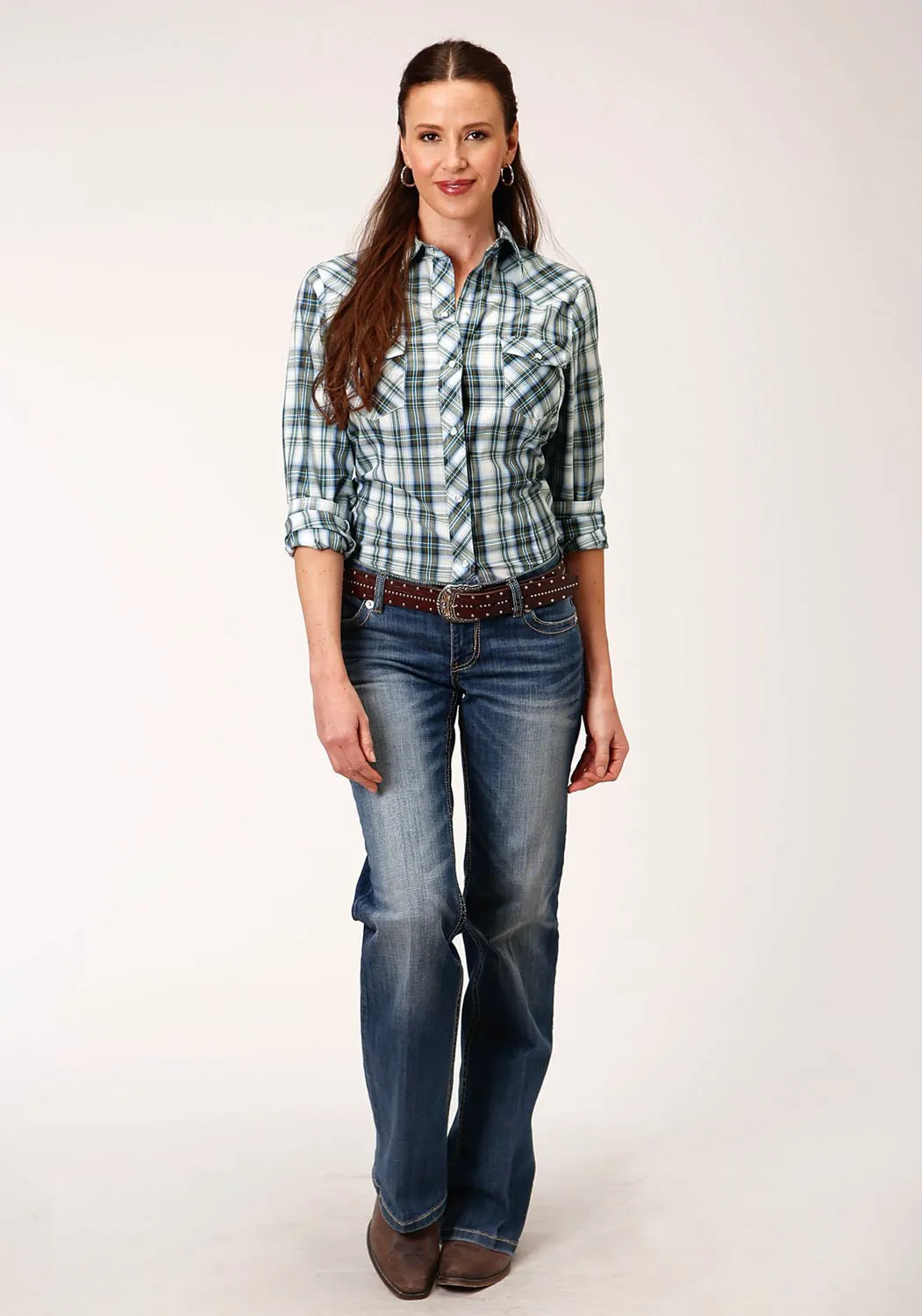 Roper Womens Olive/Cream Cotton Blend 55/45 Plaid L/S Shirt Premium Professional Wear Unisex Wear Simple Choice