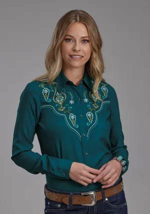 Roper Womens Paisley Yoke Teal 100% Rayon L/S Shirt Modular Layering Abstract print Inner Layer Roper Womens Paisley Yoke Teal 100% Rayon L/S Shirt
