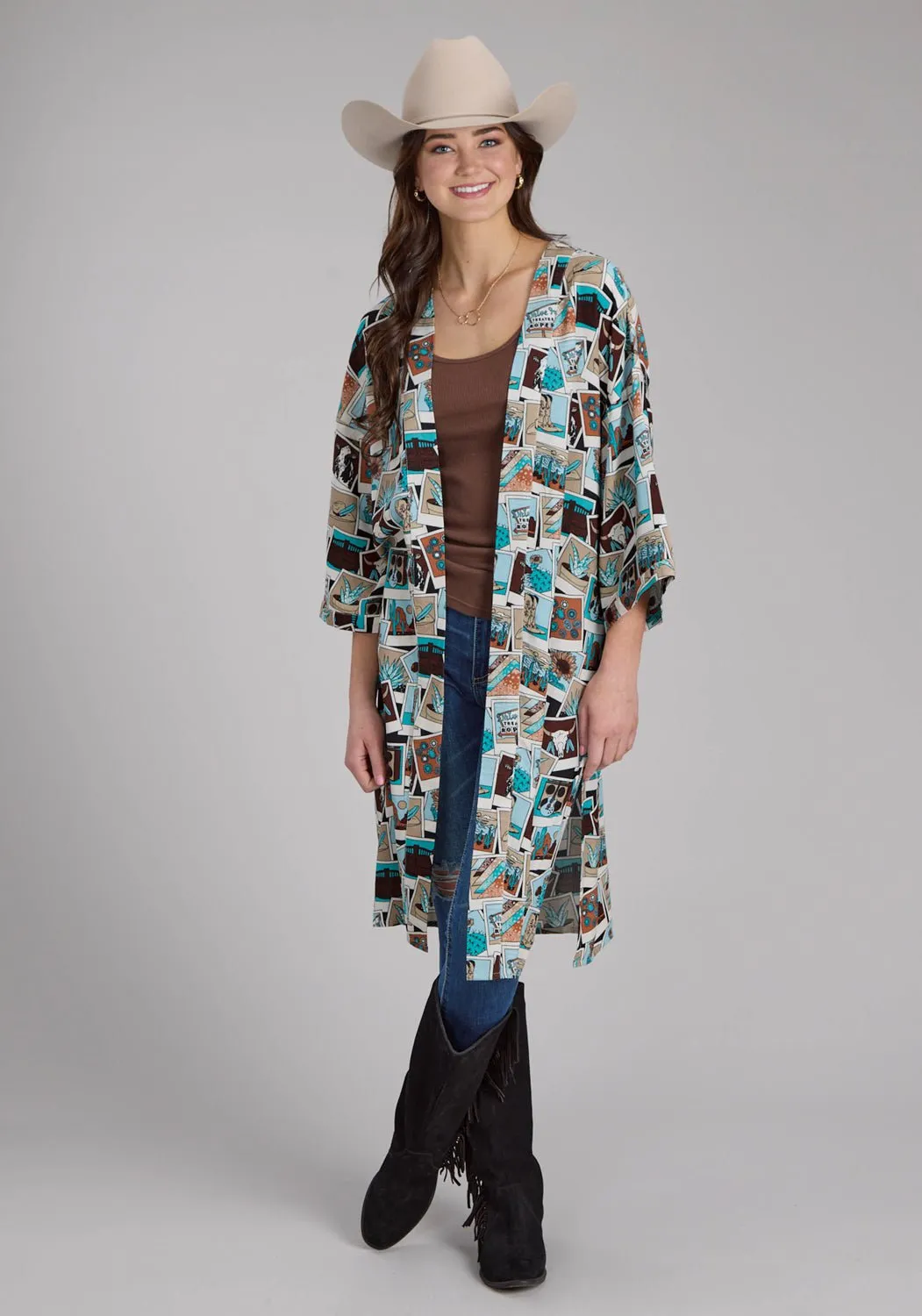 Roper Womens Photo Collage Multi-Color 100% Rayon Cardigan Sweater Light Wear Match With All