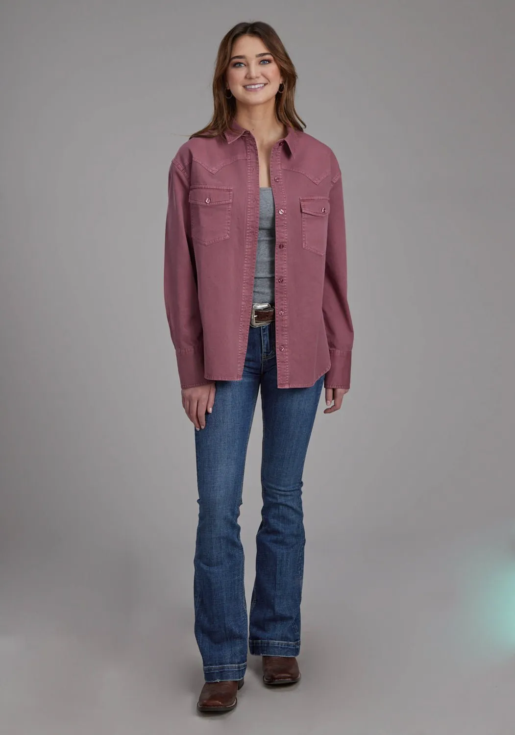 Smooth Stitch Pattern Flexible Knit Roper Womens Pigment Dyed Wine 100% Cotton L/S Shirt