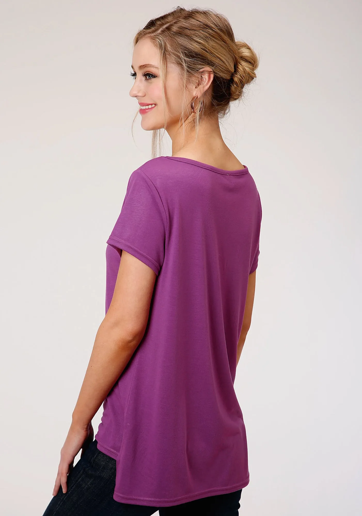 Roper Womens Plum Poly/Rayon Copper Studs S/S T-Shirt Cultural Inspired UV Protective Fabric