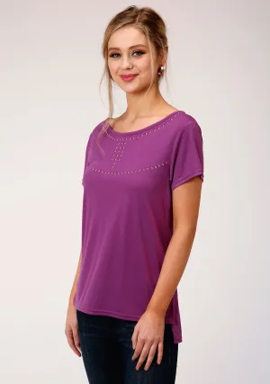 Roper Womens Plum Poly/Rayon Copper Studs S/S T-Shirt Bamboo Derived Fiber Blend Floral Motif Micro Perforated Texture Roper Womens Plum Poly/Rayon Copper Studs S/S T-Shirt