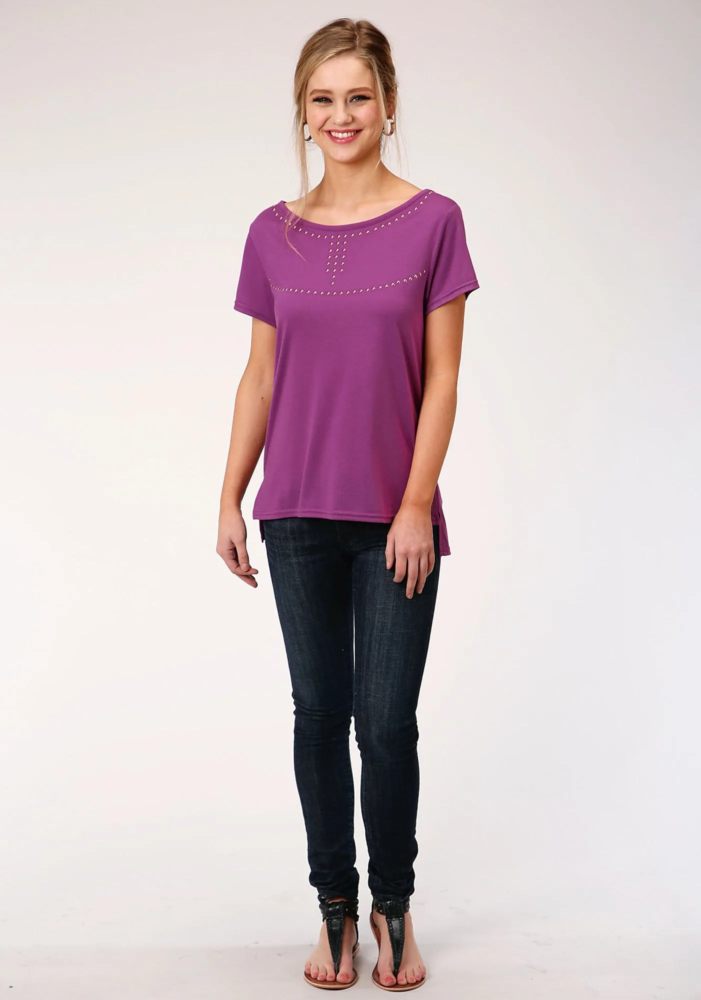 Country Escape Roper Womens Plum Poly/Rayon Copper Studs S/S T-Shirt