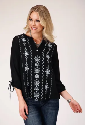 Roper Womens Pretty Floral Black 100% Rayon S/S Blouse Classic Colors Plus Size Fit Roper Womens Pretty Floral Black 100% Rayon S/S Blouse