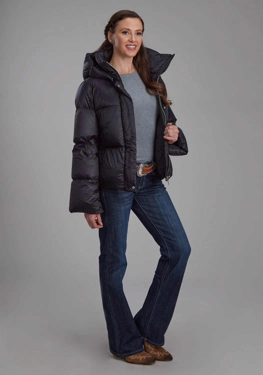 Chic Comfort Roper Womens Puffer Down Coat Black 100% Nylon Softshell Jacket