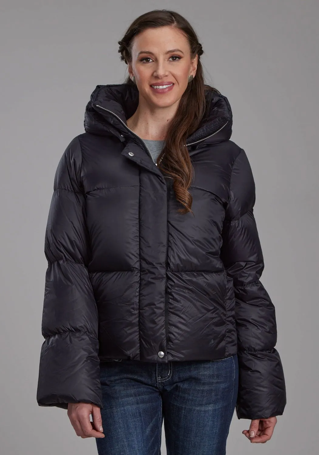 Roper Womens Puffer Down Coat Black 100% Nylon Softshell Jacket Evening Stroll Athlete Fit Multi Pocket Utility