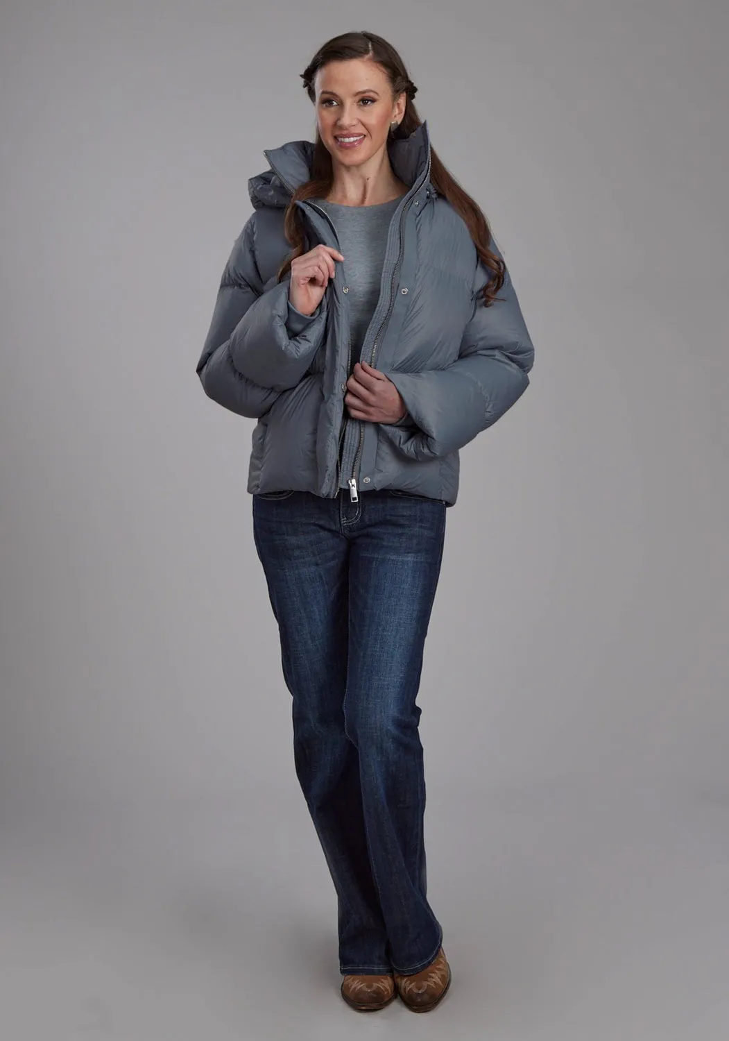 Roper Womens Puffer Down Coat Silver Blue 100% Nylon Softshell Jacket Trendy Look Smart Casual