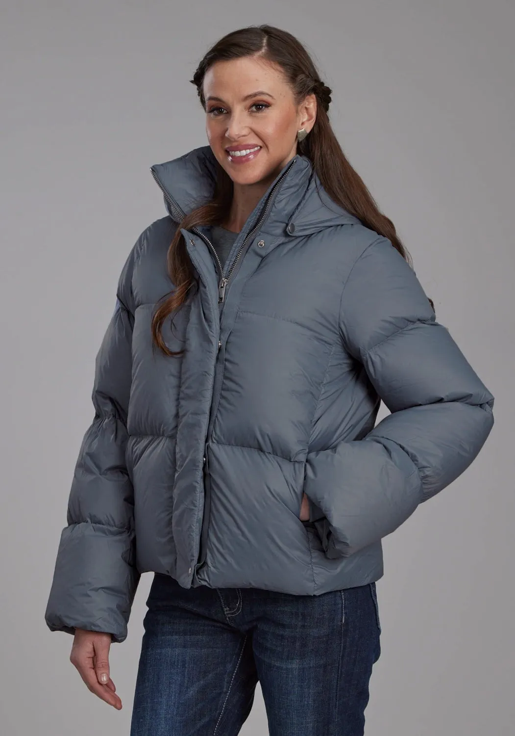 Roper Womens Puffer Down Coat Silver Blue 100% Nylon Softshell Jacket Soft Texture Simple Touch