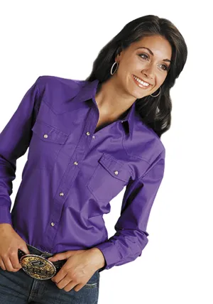 Roper Womens Purple 100% Cotton L/S Solid Poplin Snap L/S Western Shirt Quick Release Buttons Ruffle Edge Smooth Cotton Blend Roper Womens Purple 100% Cotton L/S Solid Poplin Snap L/S Western Shirt