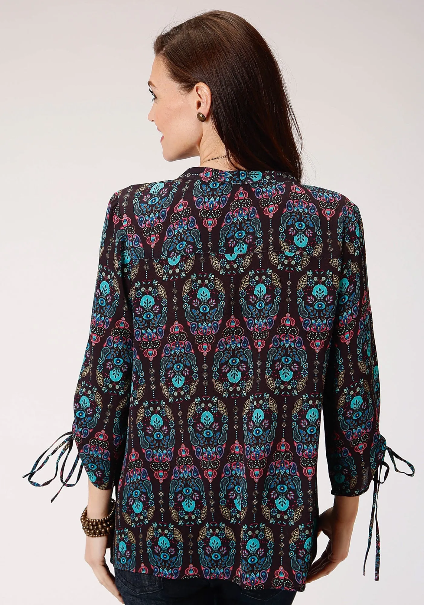 Street Style Flexible Mobility Roper Womens Purple Multi Polyester Jewel Paisley S/S Tunic