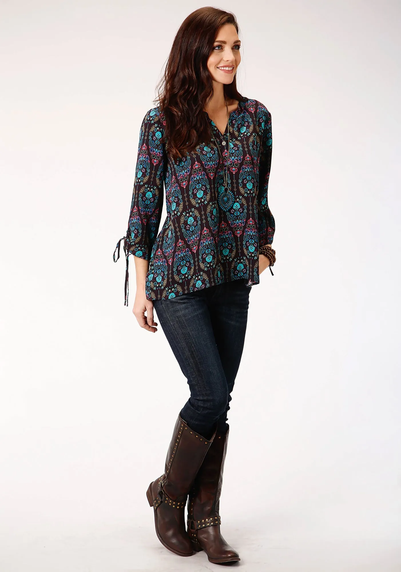 Roper Womens Purple Multi Polyester Jewel Paisley S/S Tunic Linen blend Sleek Silhouette