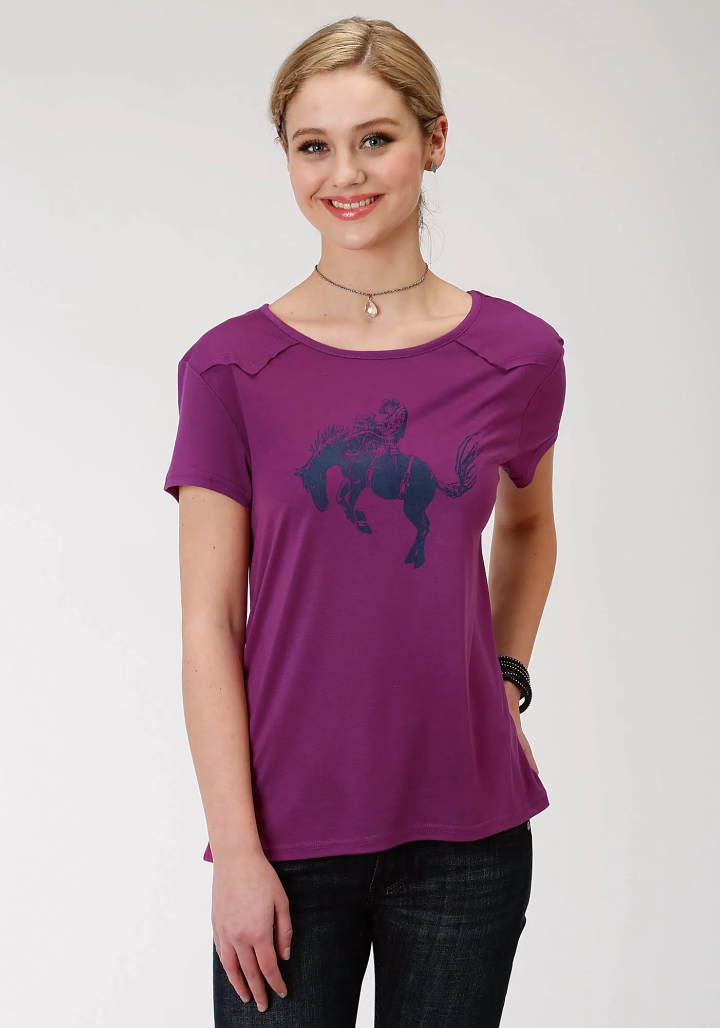 Roper Womens Purple Poly/Rayon Bronc Rider S/S Western T-Shirt Anti Static Finish
