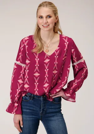 Roper Womens Purple/Pink Rayon/Nylon Aztec Print L/S Blouse Chic Finish Roper Womens Purple/Pink Rayon/Nylon Aztec Print L/S Blouse Teen Outfit Outdoor Adventure Sunny Vibes