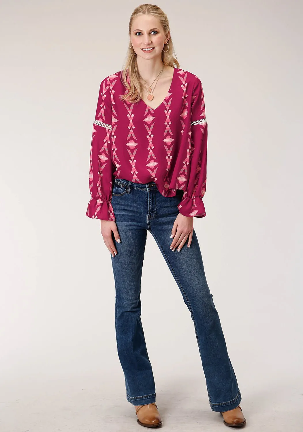 Cool And Clean Soft Road Trip Youth Style Roper Womens Purple/Pink Rayon/Nylon Aztec Print L/S Blouse