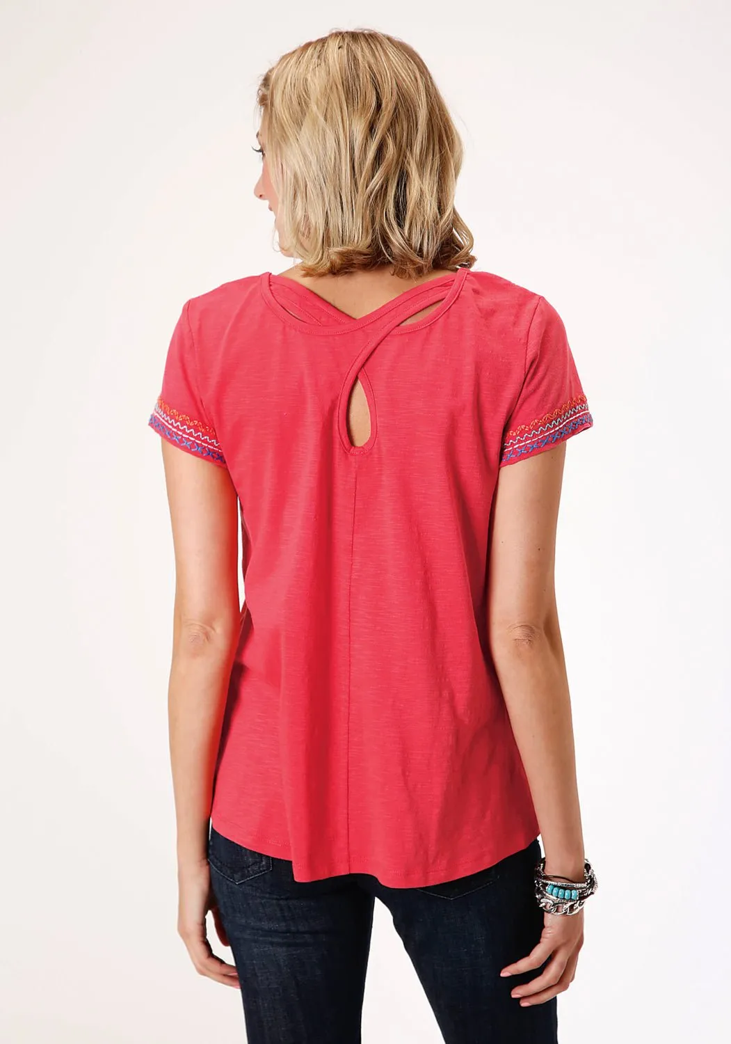 Roper Womens Red 100% Cotton Geometric Sleeves S/S T-Shirt Vintage Style Sustainable Dye Process