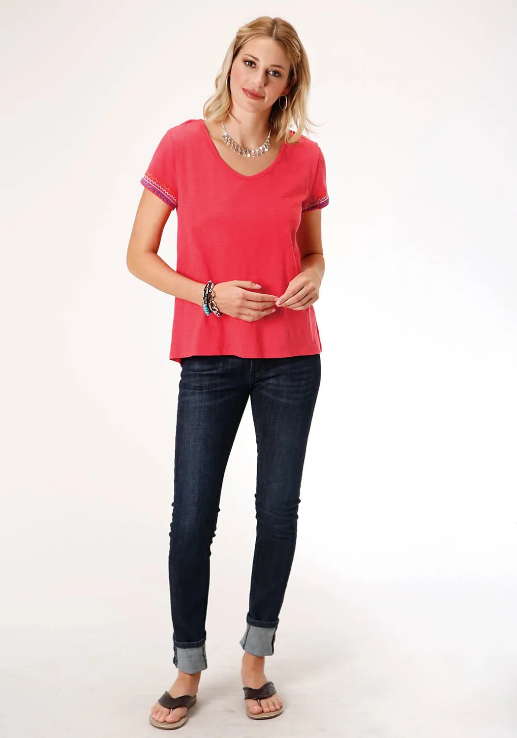 Asymmetrical Cut Roper Womens Red 100% Cotton Geometric Sleeves S/S T-Shirt
