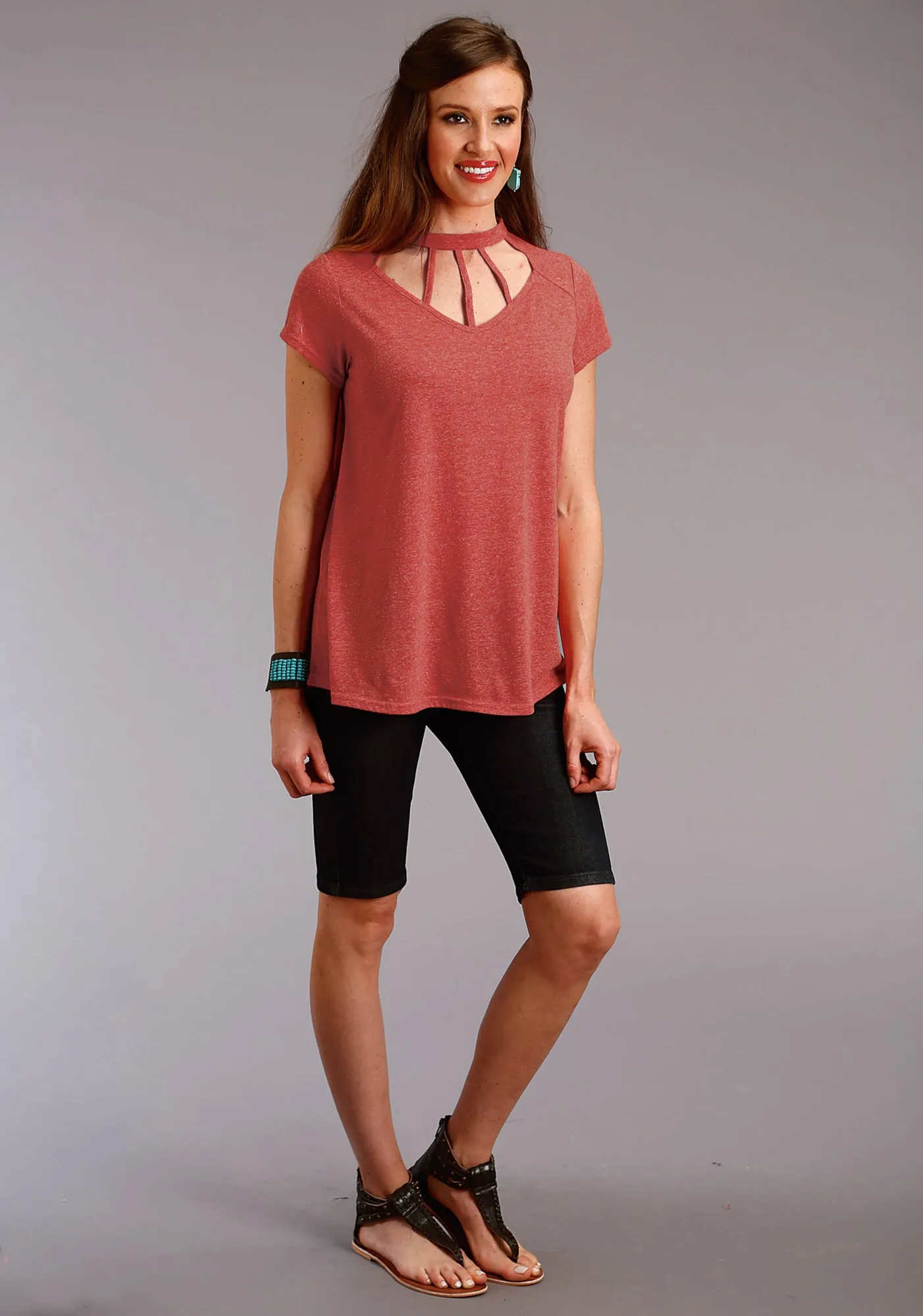 Everyday Wear Subtle design Roper Womens Red Poly/Cotton Taos Sunrise S/S T-Shirt