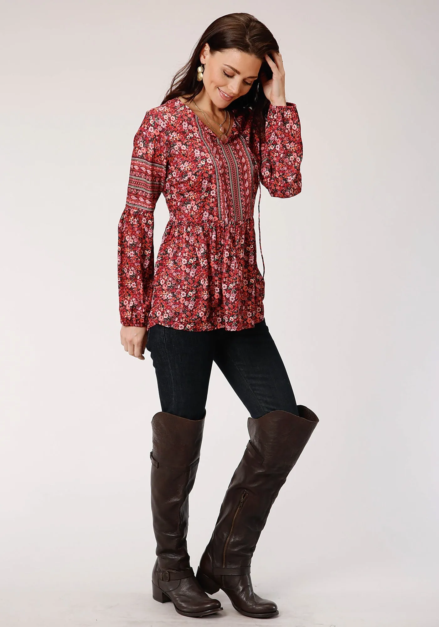 Roper Womens Red Polyester Floral Border L/S Blouse Beach Day Sustainable Soft Aesthetic