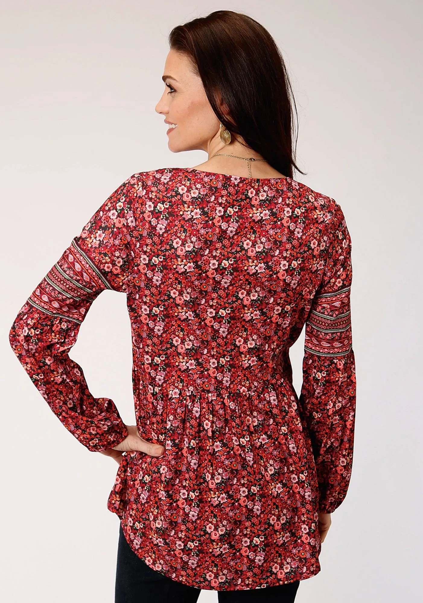 Crisp Look Roper Womens Red Polyester Floral Border L/S Blouse