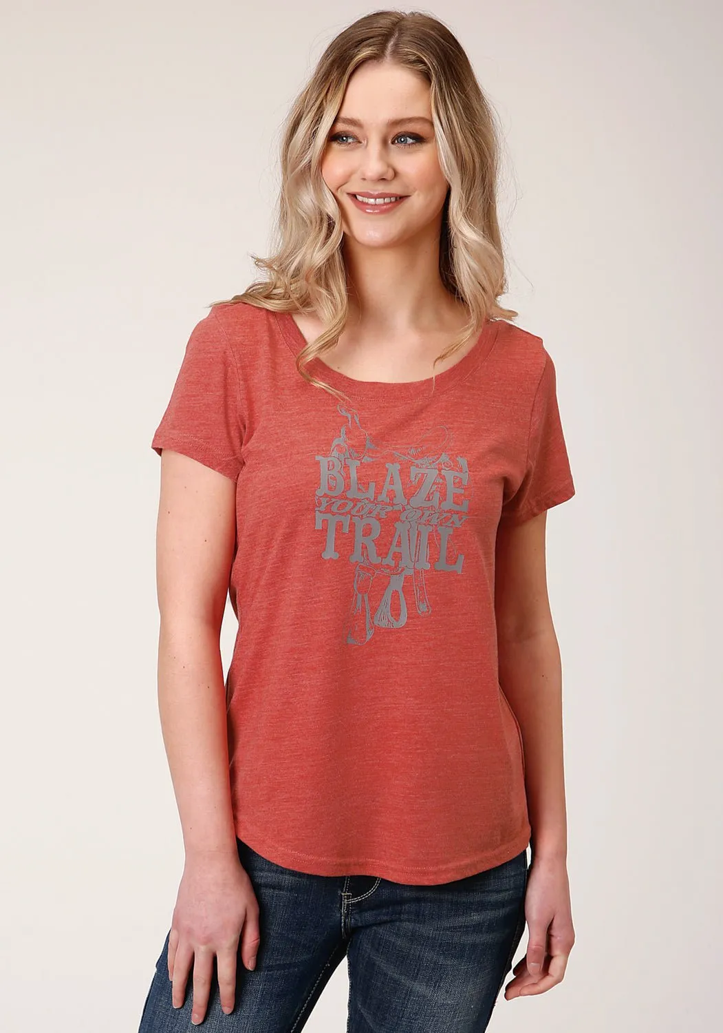 High-Quality Craftsmanship Multi Pocket Design Roper Womens Red Poly/Rayon Blaze Your Own Trail S/S T-Shirt