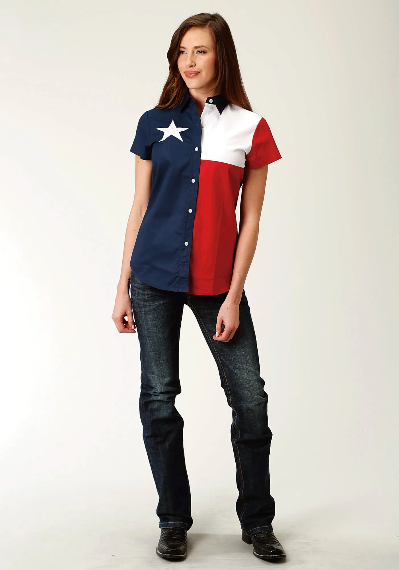 Eye-Catching Pattern Roper Womens Red/Blue 100% Cotton Texas Flag BD S/S Shirt