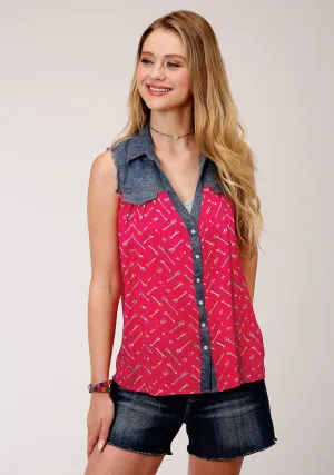 Roper Womens Red/Blue Rayon/Nylon Arrow Print S/L V-Neck Blouse Woven Texture Stretchy Cloth Roper Womens Red/Blue Rayon/Nylon Arrow Print S/L V-Neck Blouse