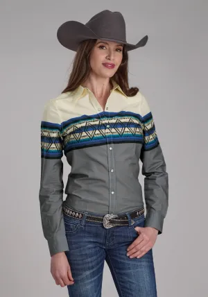 Roper Womens Retro Diamond Border Blue 100% Cotton L/S Shirt soft look Ventilated Back Roper Womens Retro Diamond Border Blue 100% Cotton L/S Shirt