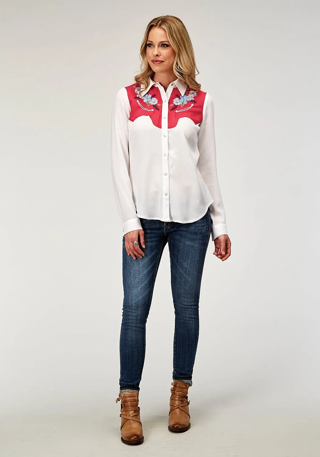 Soft Touch Spring Break Roper Womens Retro Floral Yokes White 100% Rayon L/S Shirt