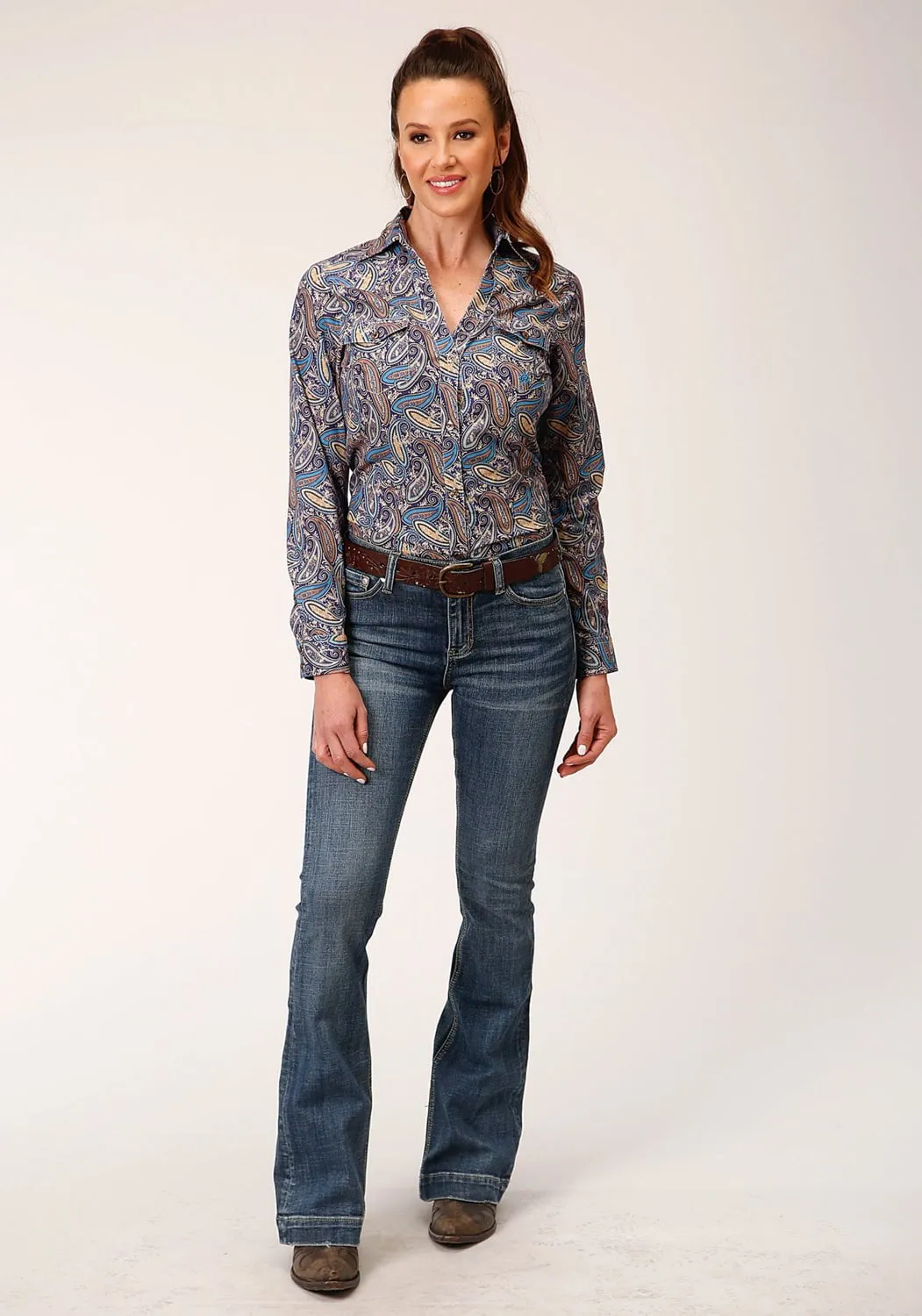 Roper Womens Royal Paisley Multi-Color 100% Cotton L/S Shirt Ethical production Business casual