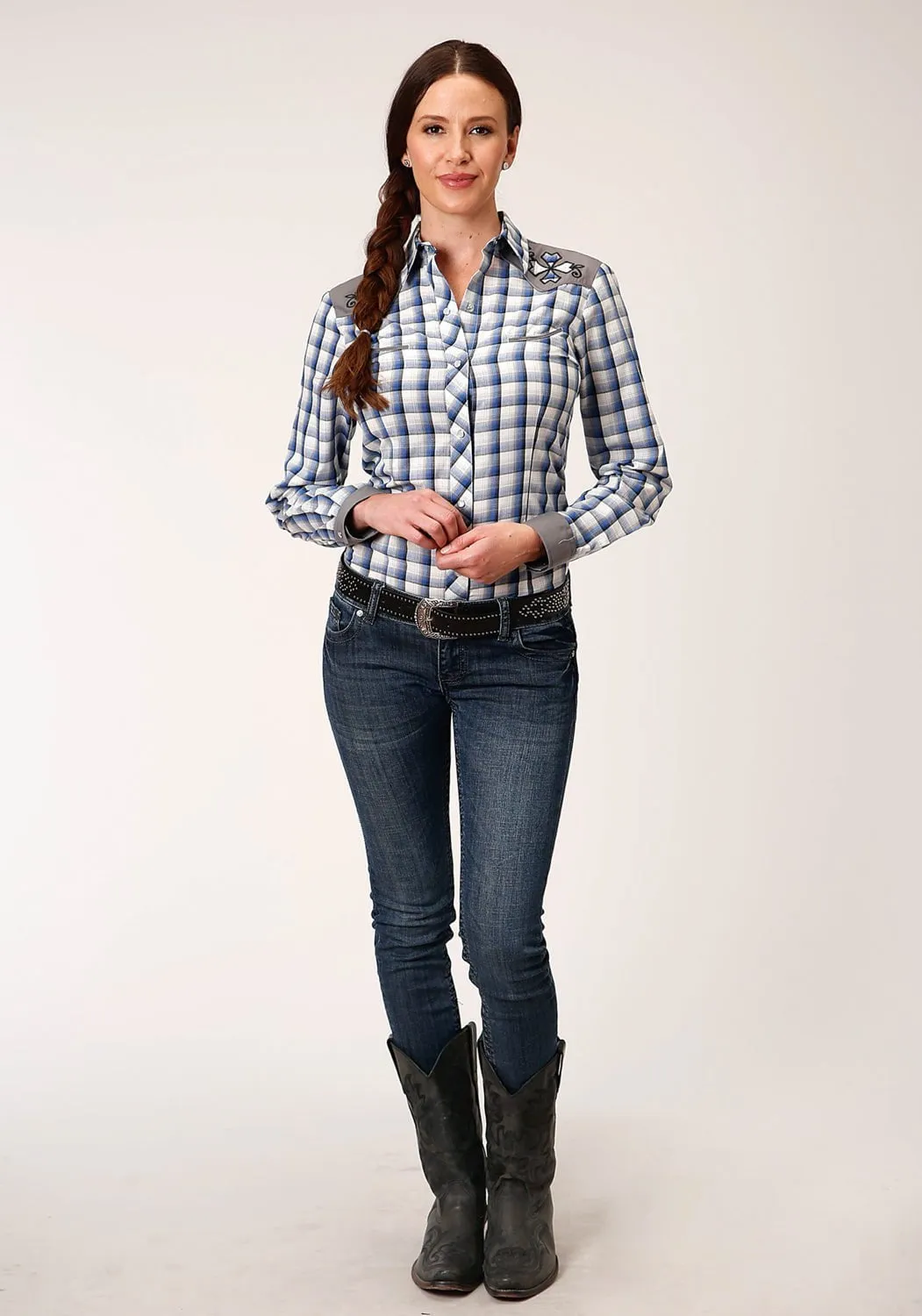 Roper Womens Royal/Cream Cotton Blend Fancy Applique L/S Shirt Body Friendly Go To Outfit