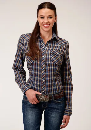Roper Womens Royal/Yellow Cotton Blend Plaid L/S Snap Shirt Performance Cut Roper Womens Royal/Yellow Cotton Blend Plaid L/S Snap Shirt Home Comfort Teen Outfit No Fade Look