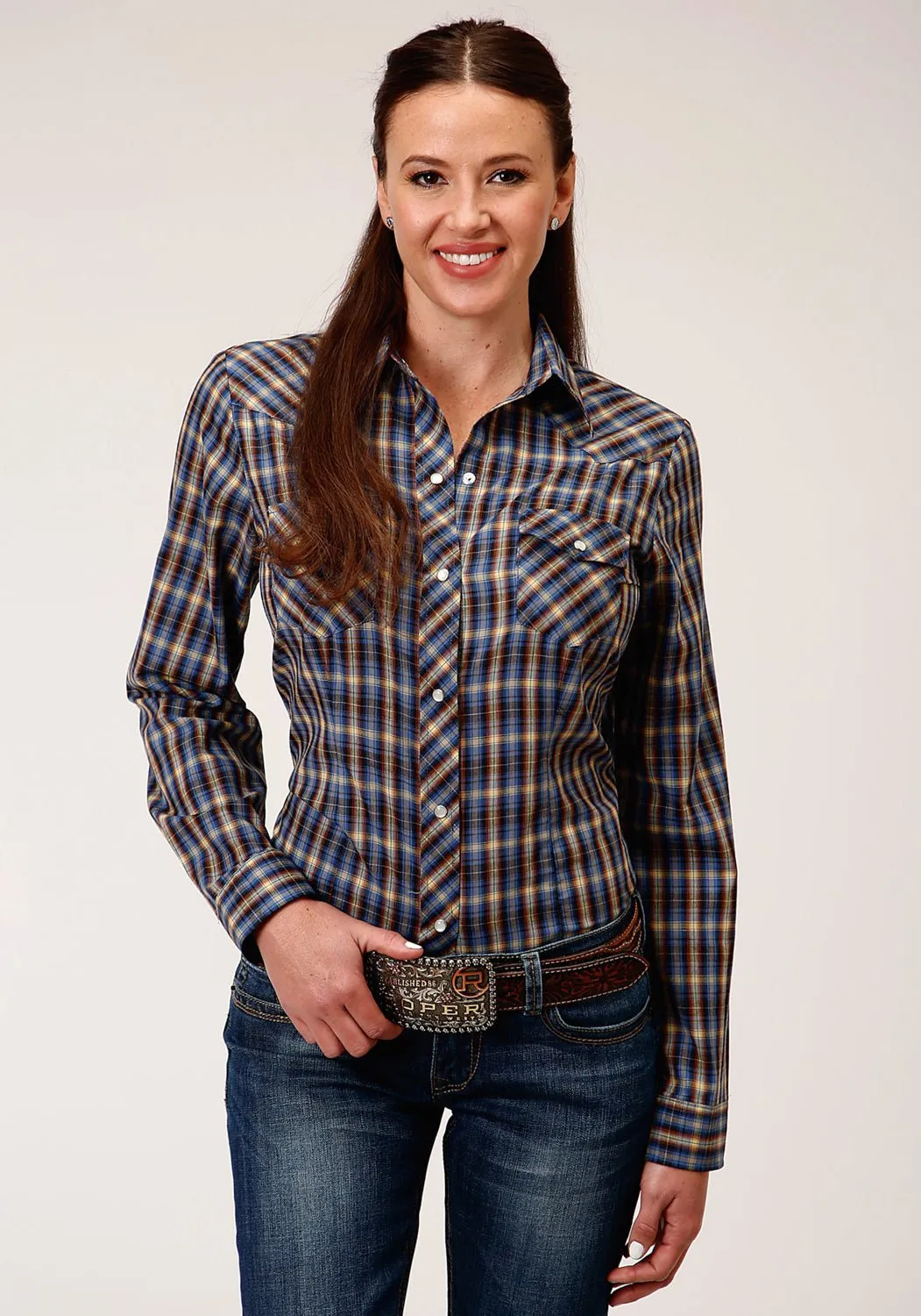 Roper Womens Royal/Yellow Cotton Blend Plaid L/S Snap Shirt Home Comfort Teen Outfit No Fade Look