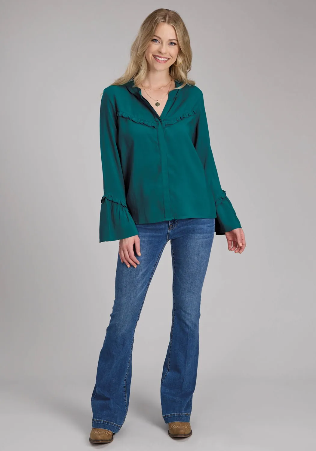 Roper Womens Ruffle Trim Challis Teal 100% Rayon L/S Blouse High-End Finish Timeless Fit