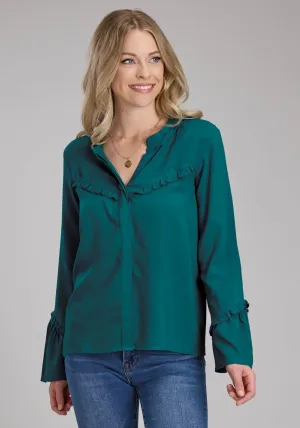 Roper Womens Ruffle Trim Challis Teal 100% Rayon L/S Blouse Double Stitched Edges Non Restrictive Fit Roper Womens Ruffle Trim Challis Teal 100% Rayon L/S Blouse