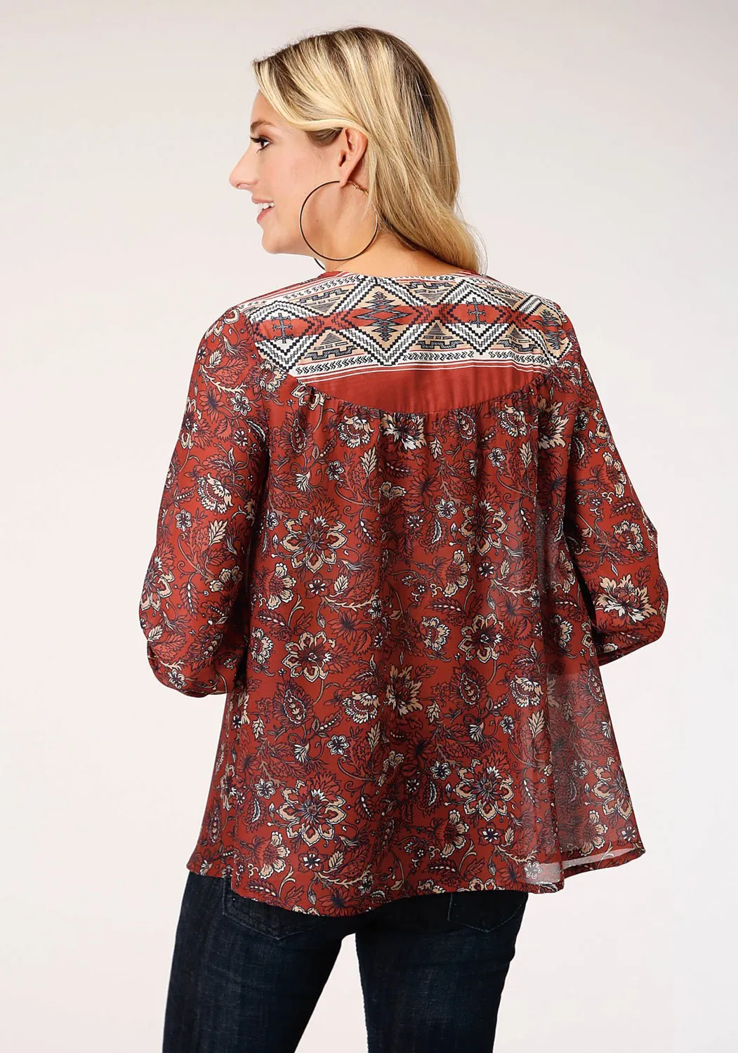 Trendy Pattern Roper Womens Rust Polyester Floral Border 3/4 Sleeve Blouse
