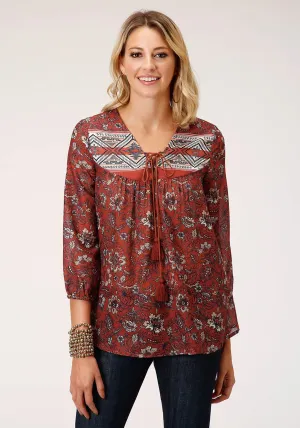 Roper Womens Rust Polyester Floral Border 3/4 Sleeve Blouse Minimalist Look Roper Womens Rust Polyester Floral Border 3/4 Sleeve Blouse Personalized Touch Modern Appeal