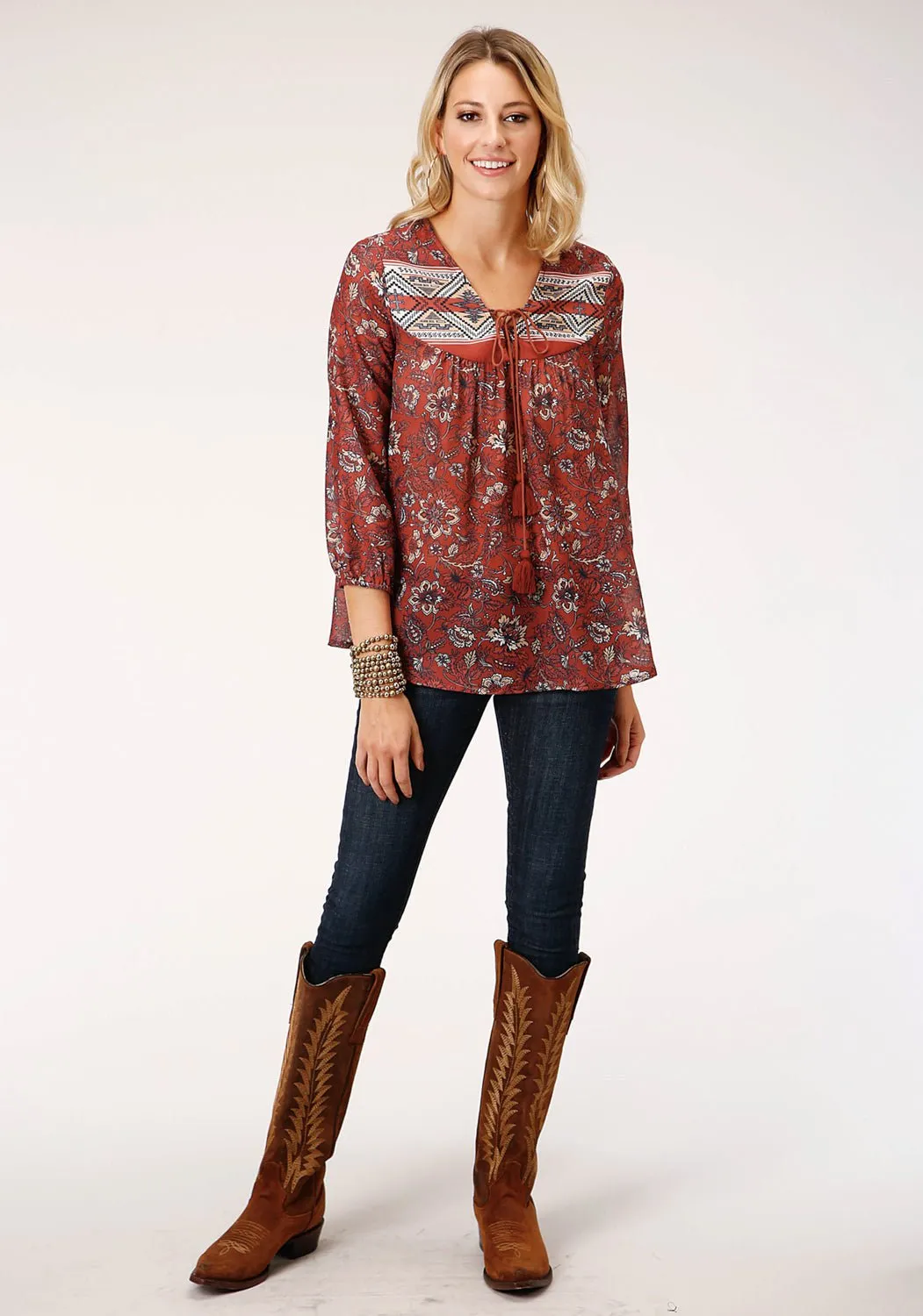 Roper Womens Rust Polyester Floral Border 3/4 Sleeve Blouse Minimalist Style