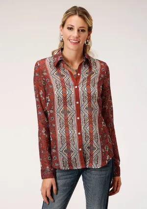 Roper Womens Rust Polyester Floral Border L/S Blouse Motion Wear Roper Womens Rust Polyester Floral Border L/S Blouse Basic Piece