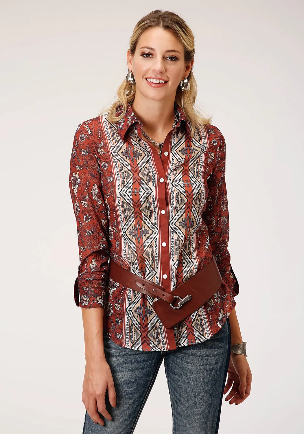Roper Womens Rust Polyester Floral Border L/S Blouse Wrinkle Free Fabric Treatment