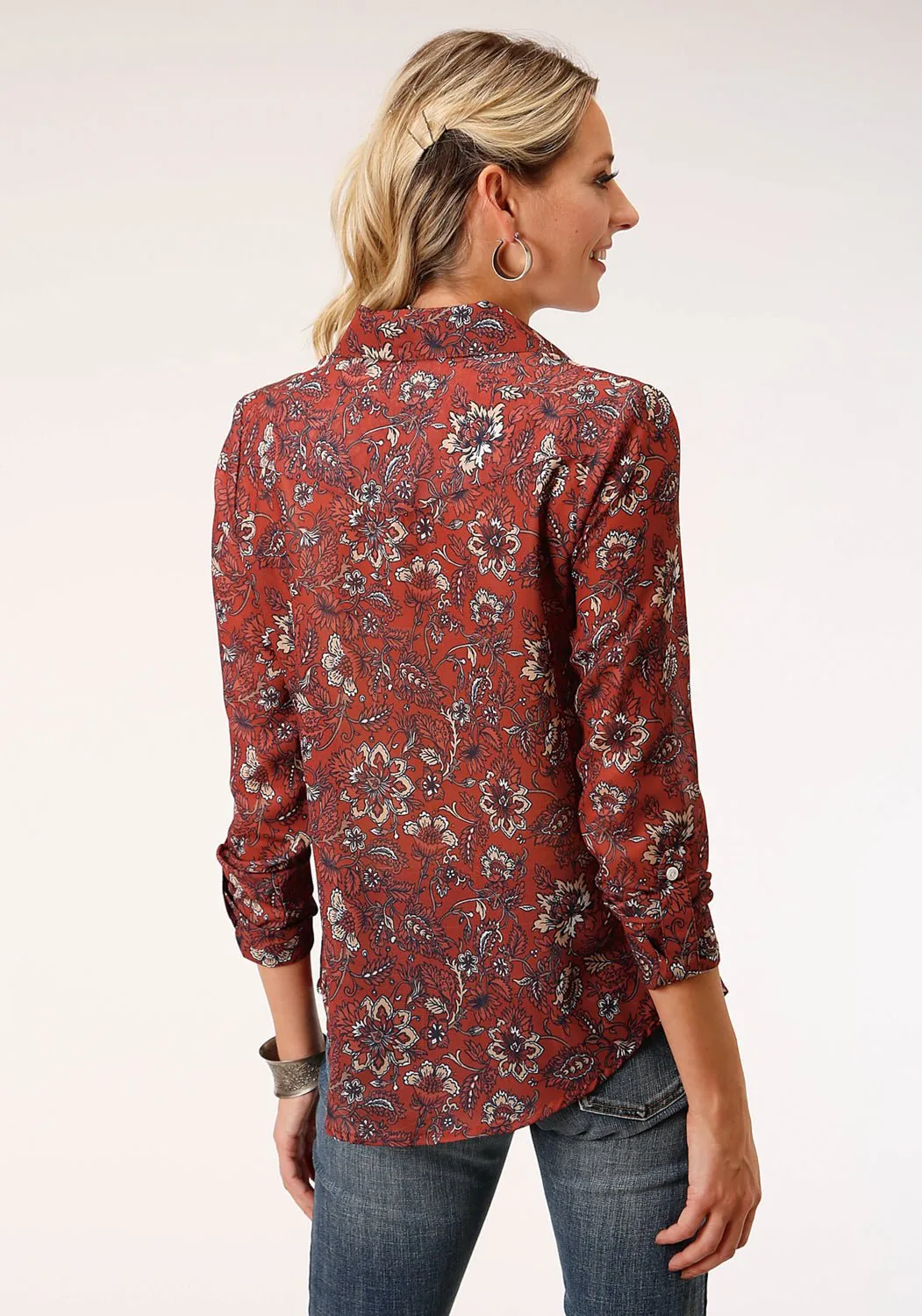 Relaxed Style Smart Casual Minimalist Style Roper Womens Rust Polyester Floral Border L/S Blouse