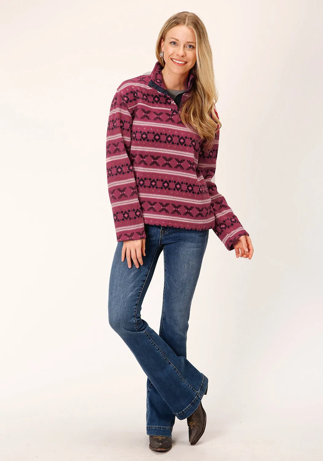 Modern Silhouette Roper Womens Rusty Aztec Red Polyester Fleece Jacket