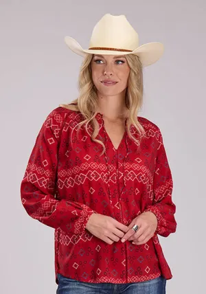 Roper Womens RWB Aztec Peasant Red 100% Rayon L/S Blouse Budget Friendly Multipurpose Layering Fabric Easy Care Material Roper Womens RWB Aztec Peasant Red 100% Rayon L/S Blouse