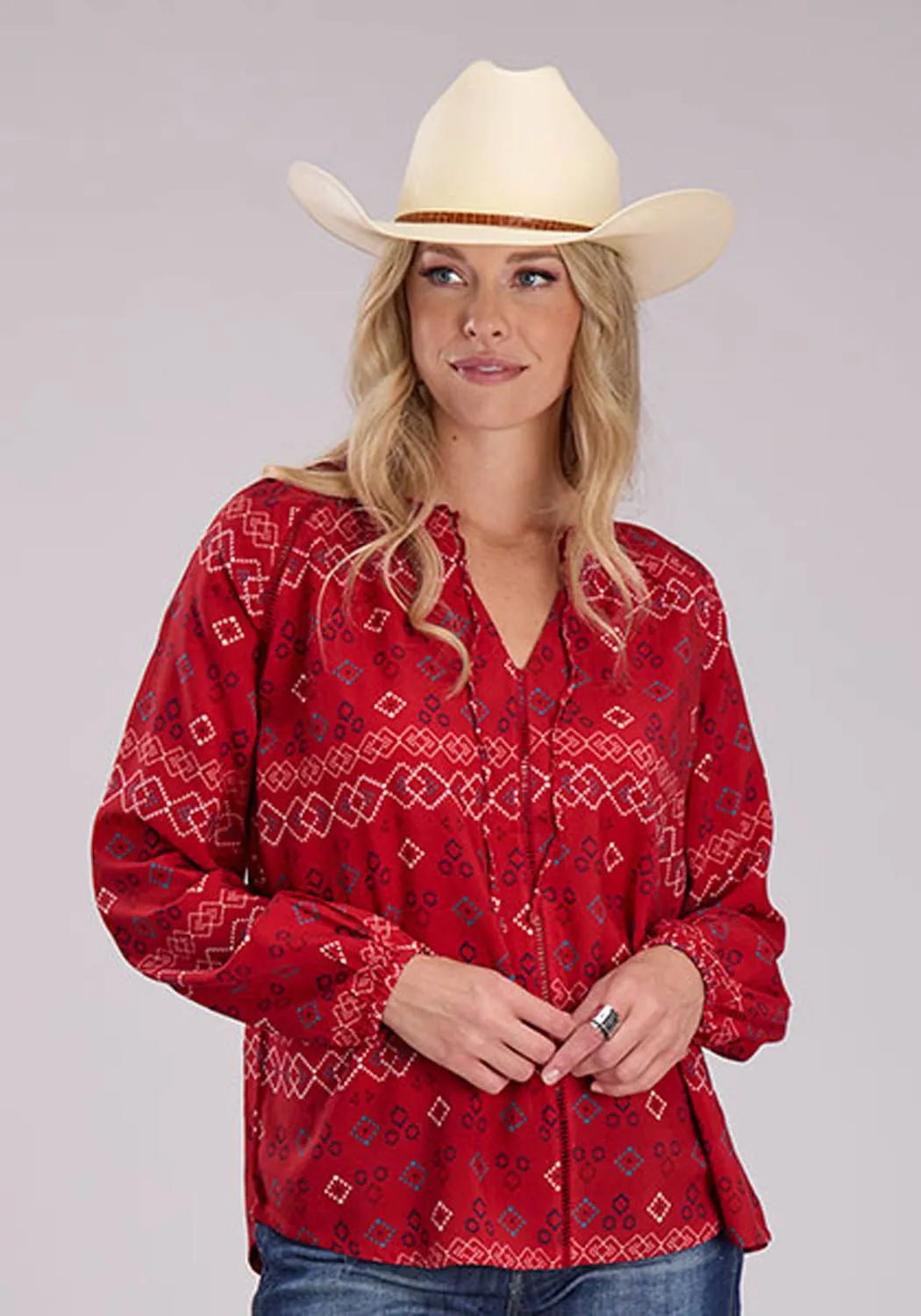 Multipurpose Layering Fabric Easy Care Material Roper Womens RWB Aztec Peasant Red 100% Rayon L/S Blouse